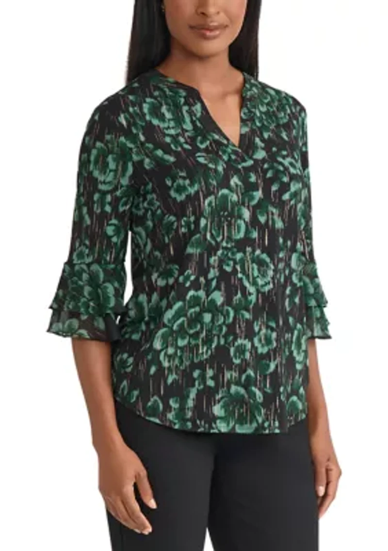 Women's Floral Print Mixed Media Knit Top