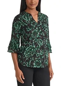 Women's Floral Print Mixed Media Knit Top