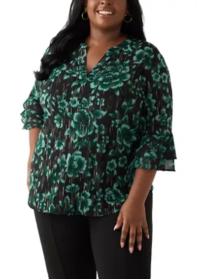 Plus Floral Print Mixed Media Knit Top