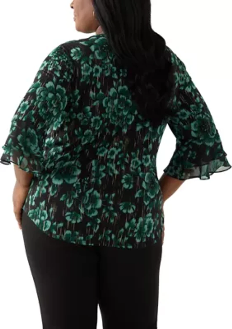Plus Floral Print Mixed Media Knit Top