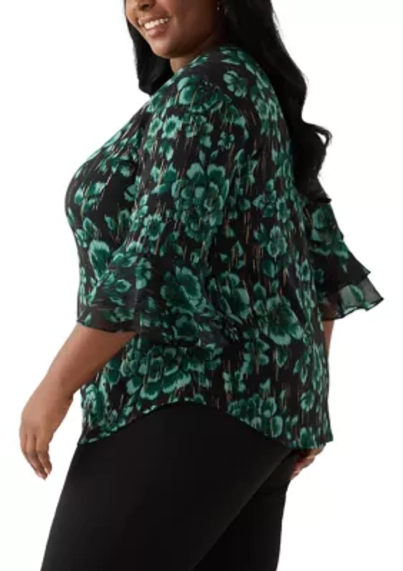 Plus Floral Print Mixed Media Knit Top
