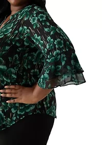 Plus Floral Print Mixed Media Knit Top