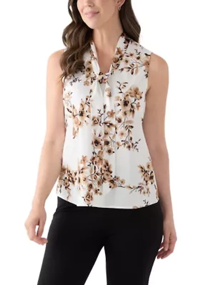 Women's Floral Print Satin Sleeveless Tie Front Blouse