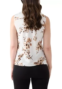 Women's Floral Print Satin Sleeveless Tie Front Blouse