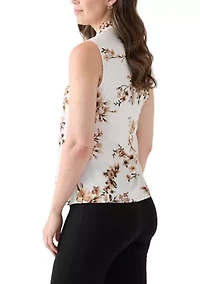Women's Floral Print Satin Sleeveless Tie Front Blouse