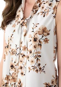 Women's Floral Print Satin Sleeveless Tie Front Blouse