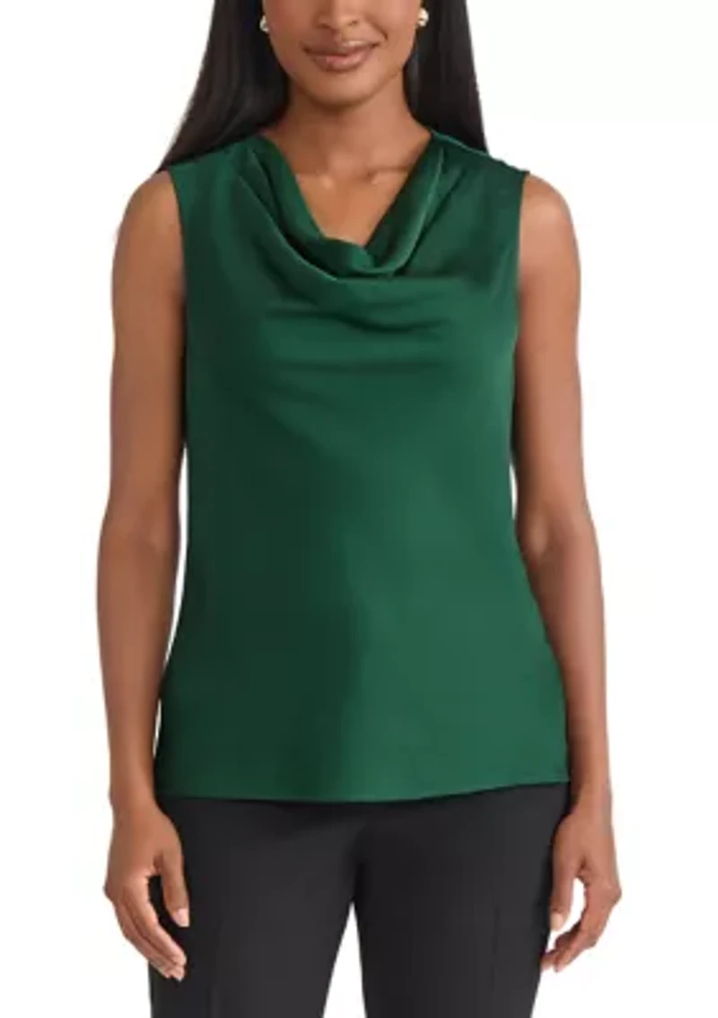 Petite Satin Sleeveless Drape Cowl Neck Blouse