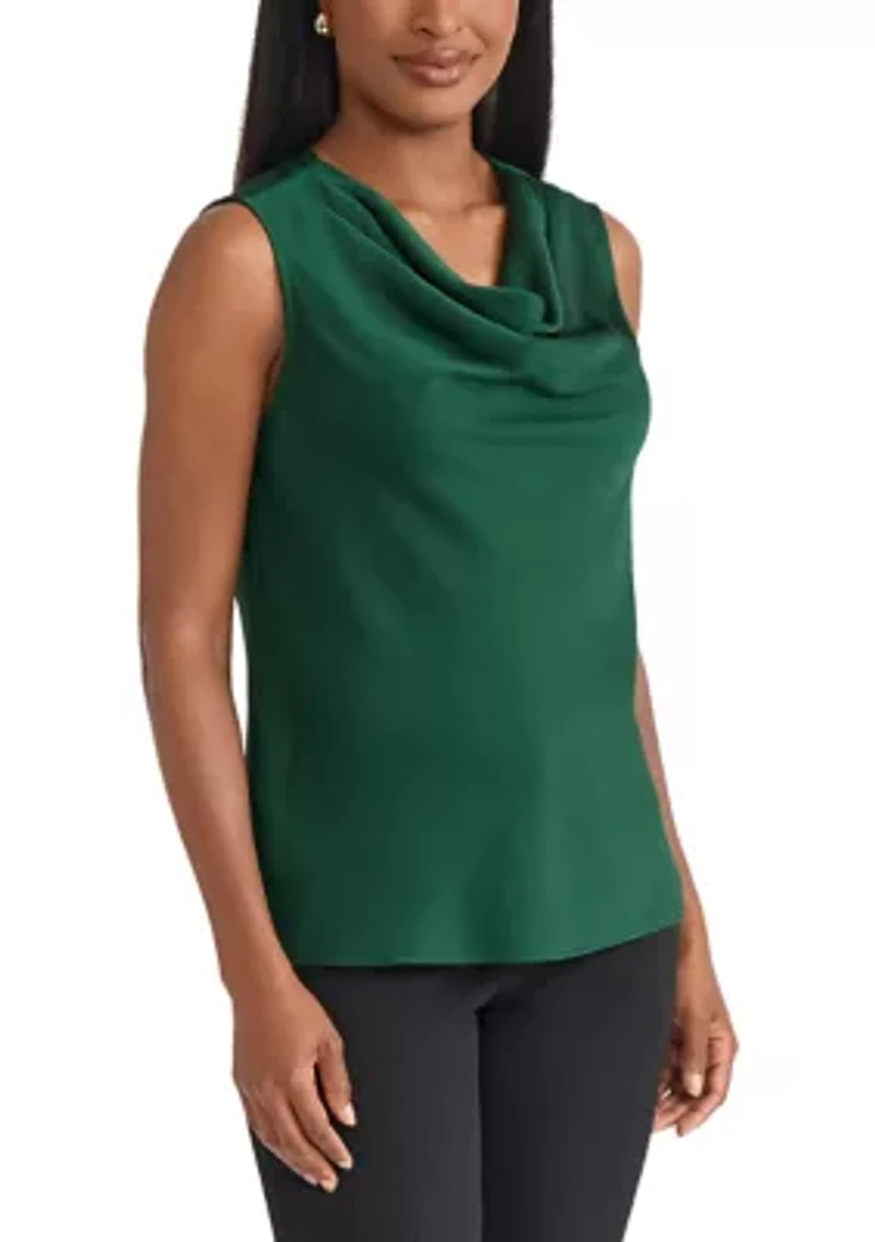 Petite Satin Sleeveless Drape Cowl Neck Blouse