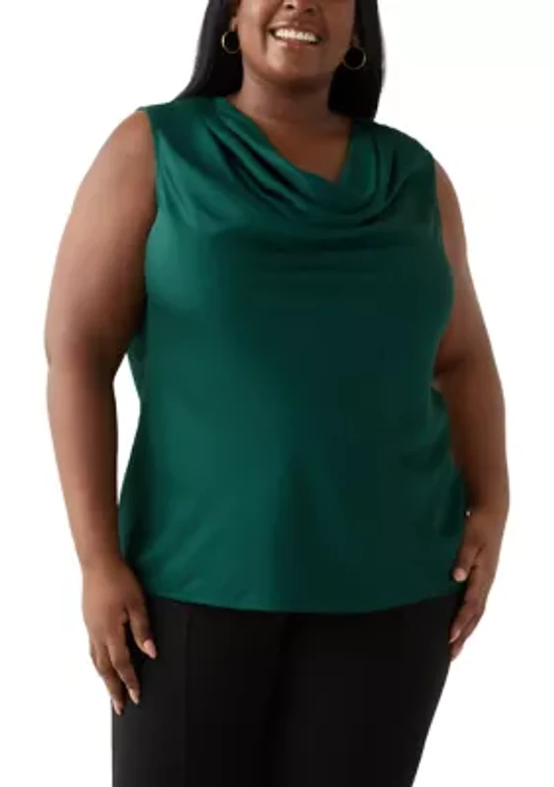 Plus Satin Sleeveless Drape Neck Blouse