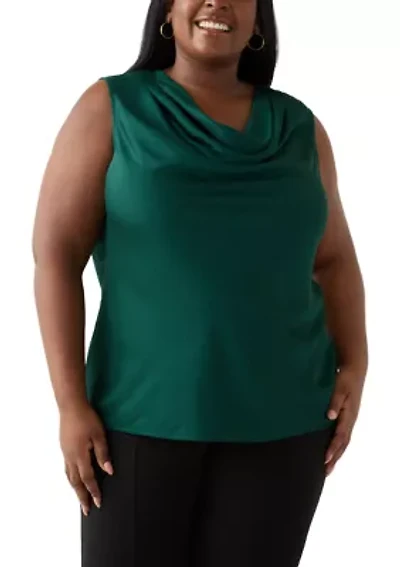 Plus Satin Sleeveless Drape Neck Blouse
