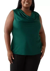 Plus Satin Sleeveless Drape Neck Blouse