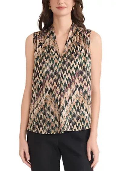 Women's Houndstooth Print Sleeveless V-Neck Blouse