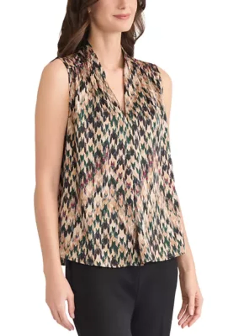 Women's Houndstooth Print Sleeveless V-Neck Blouse