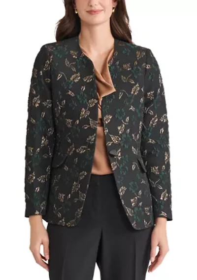 Women's Leaf Jacquard Collarless One Button Jacket