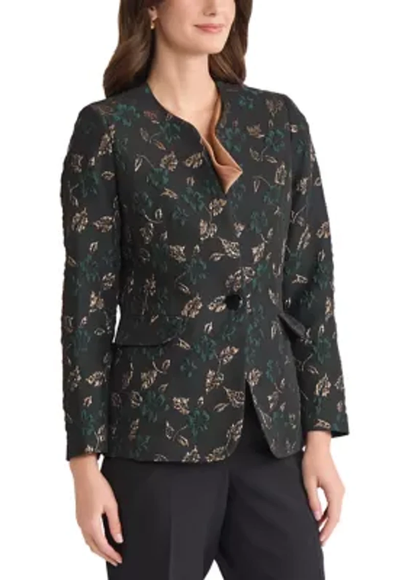 Women's Leaf Jacquard Collarless One Button Jacket
