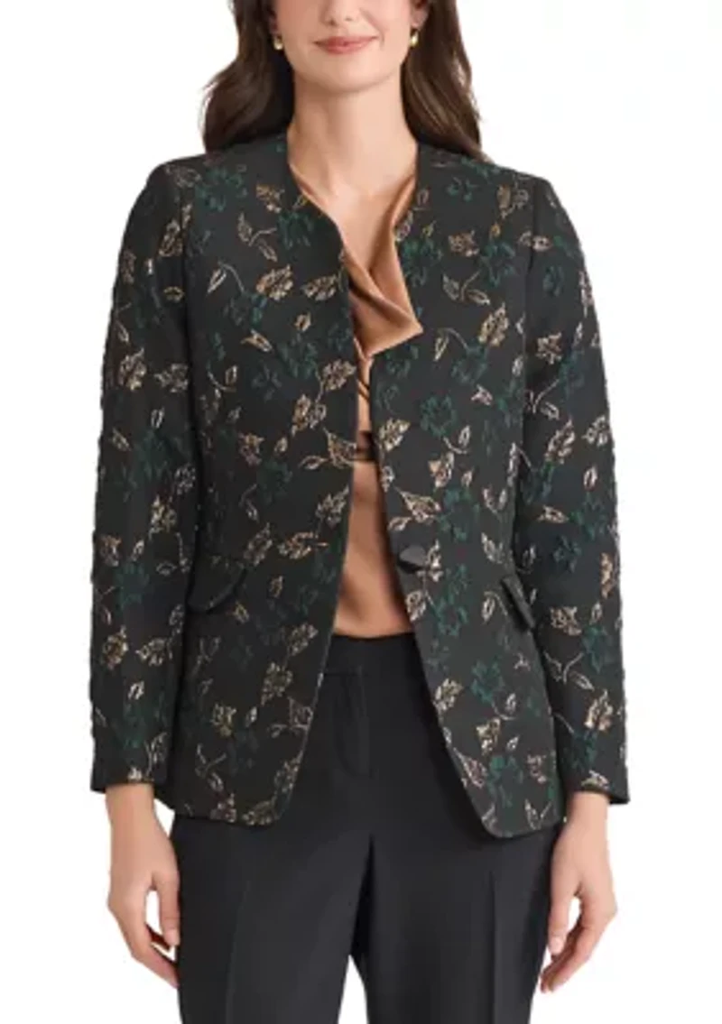 Petite Leaf Jacquard Collarless One Button Jacket
