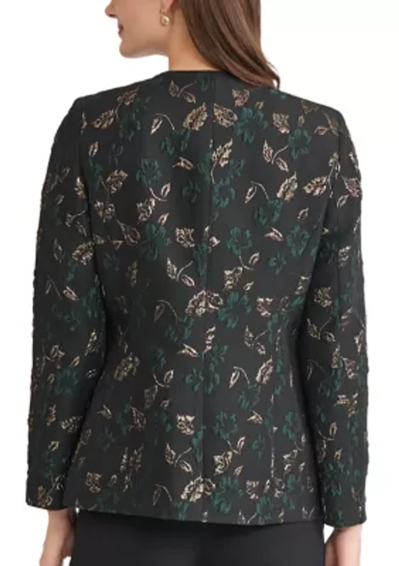Petite Leaf Jacquard Collarless One Button Jacket
