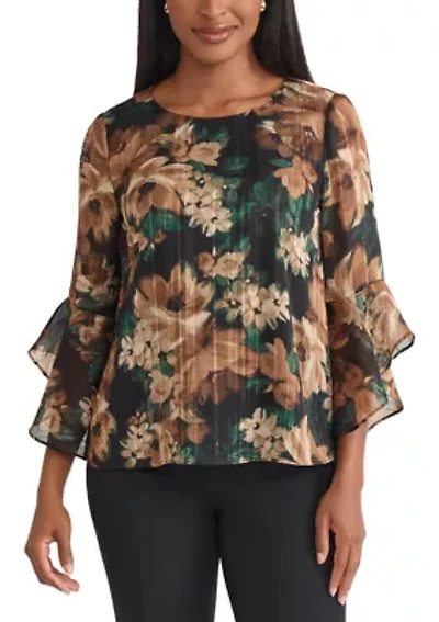 Women's Floral Print Ruffle Sleeve Blouse