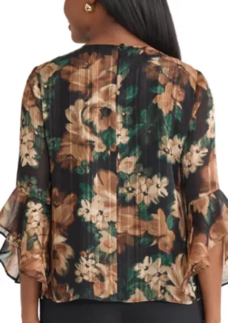 Women's Floral Print Ruffle Sleeve Blouse
