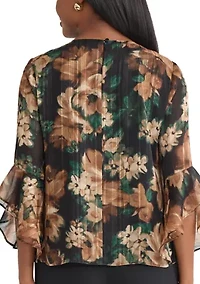 Women's Floral Print Ruffle Sleeve Blouse
