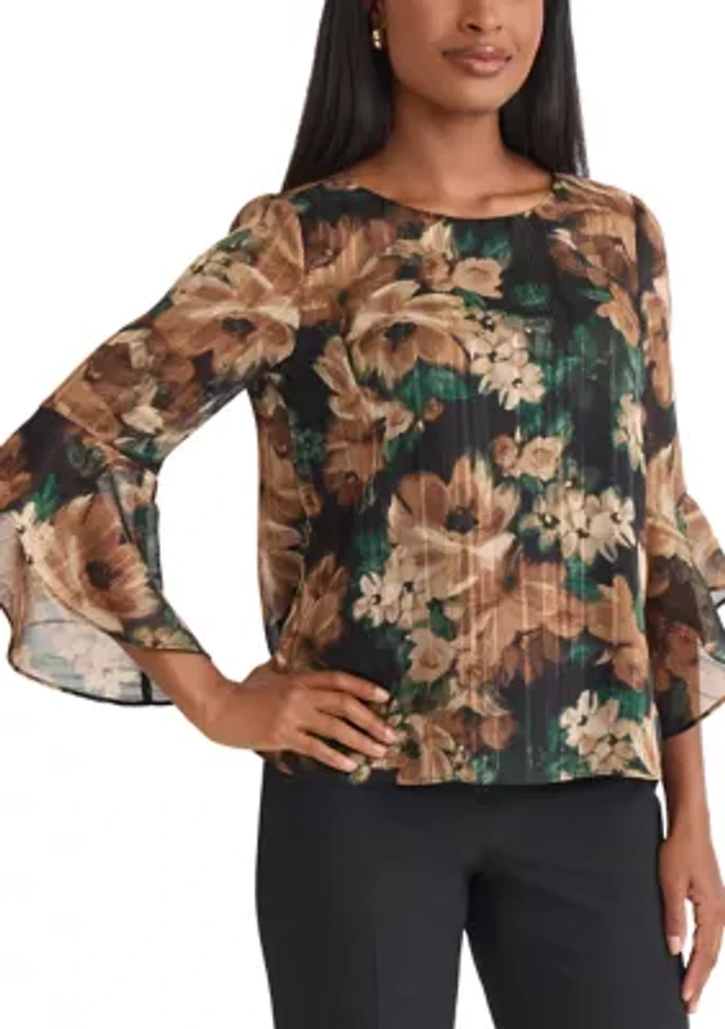 Women's Floral Print Ruffle Sleeve Blouse