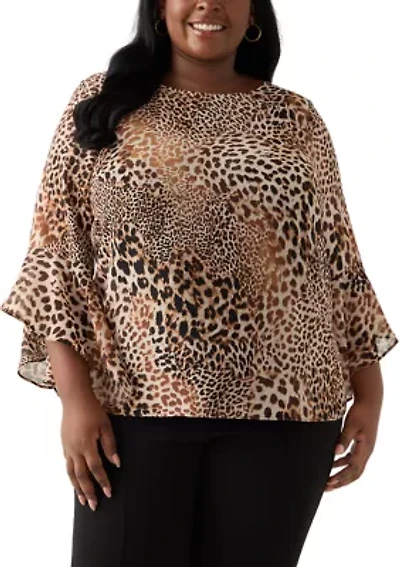 Plus Animal Print Ruffle Sleeve Blouse