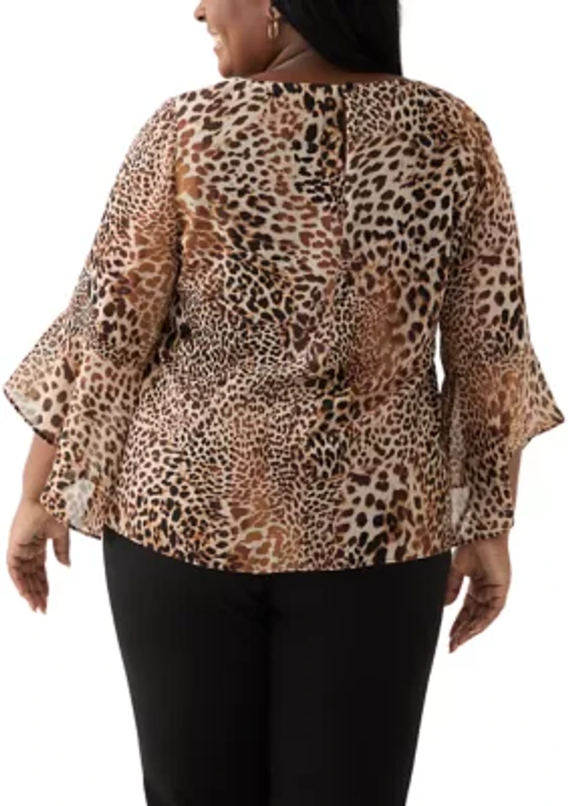 Plus Animal Print Ruffle Sleeve Blouse