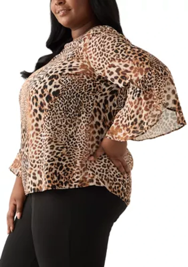 Plus Animal Print Ruffle Sleeve Blouse