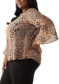 Plus Animal Print Ruffle Sleeve Blouse