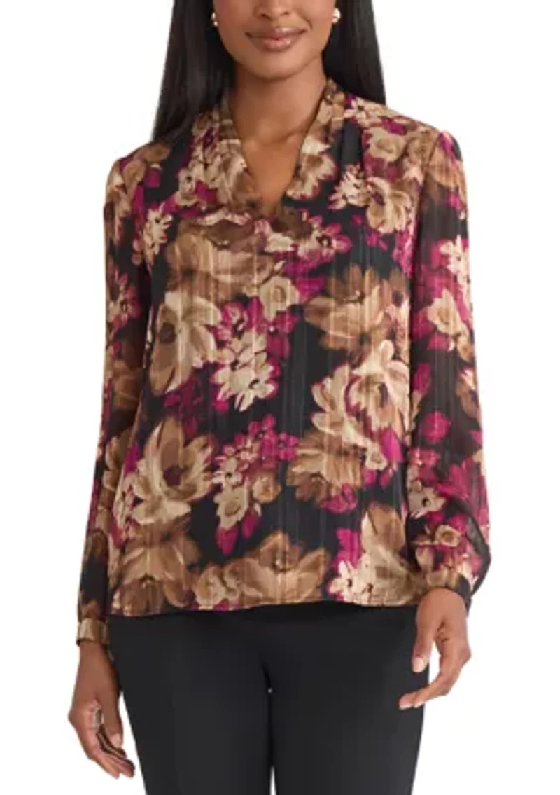 Women's Floral Print Long Sleeve V-Neck Blouse