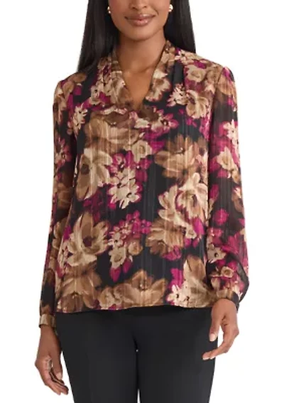 Women's Floral Print Long Sleeve V-Neck Blouse