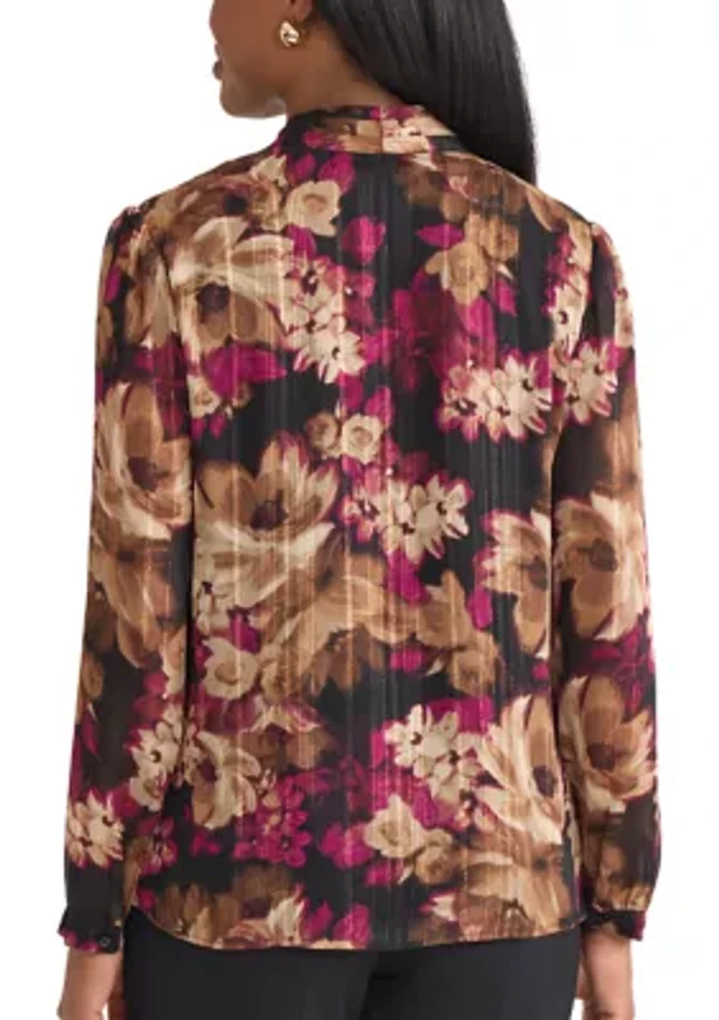 Women's Floral Print Long Sleeve V-Neck Blouse