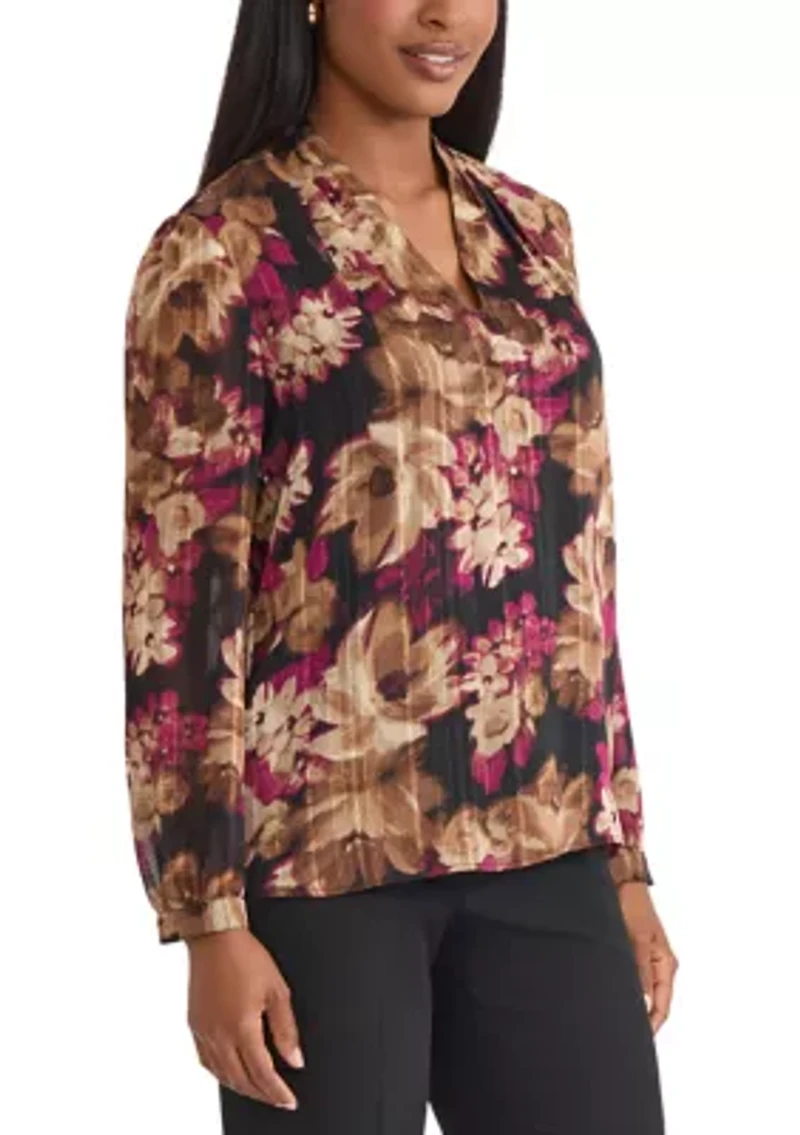 Women's Floral Print Long Sleeve V-Neck Blouse