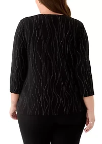 Plus Dewdrop 3/4 Sleeve with Pleated Knit Top