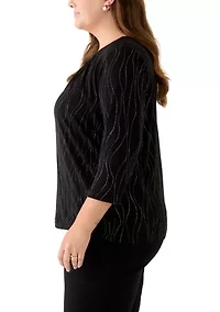 Plus Dewdrop 3/4 Sleeve with Pleated Knit Top