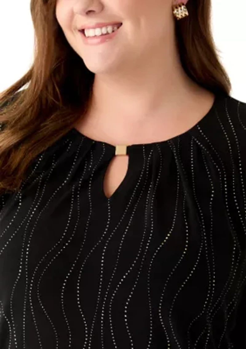 Plus Dewdrop 3/4 Sleeve with Pleated Knit Top