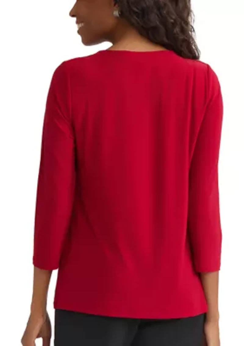 Women's 3/4 Sleeve Pleat Neck Knit Top