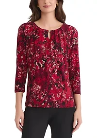 Women's Multi Print 3/4 Sleeve Pleat Neck Knit Top