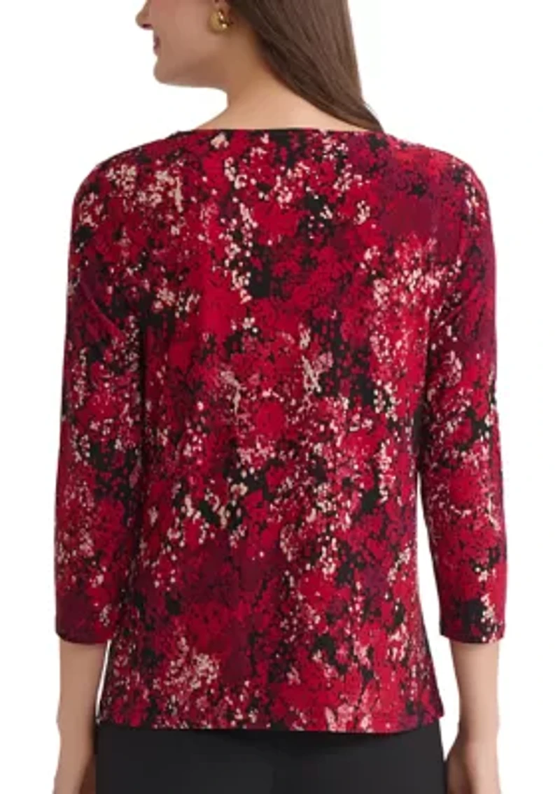 Women's Multi Print 3/4 Sleeve Pleat Neck Knit Top