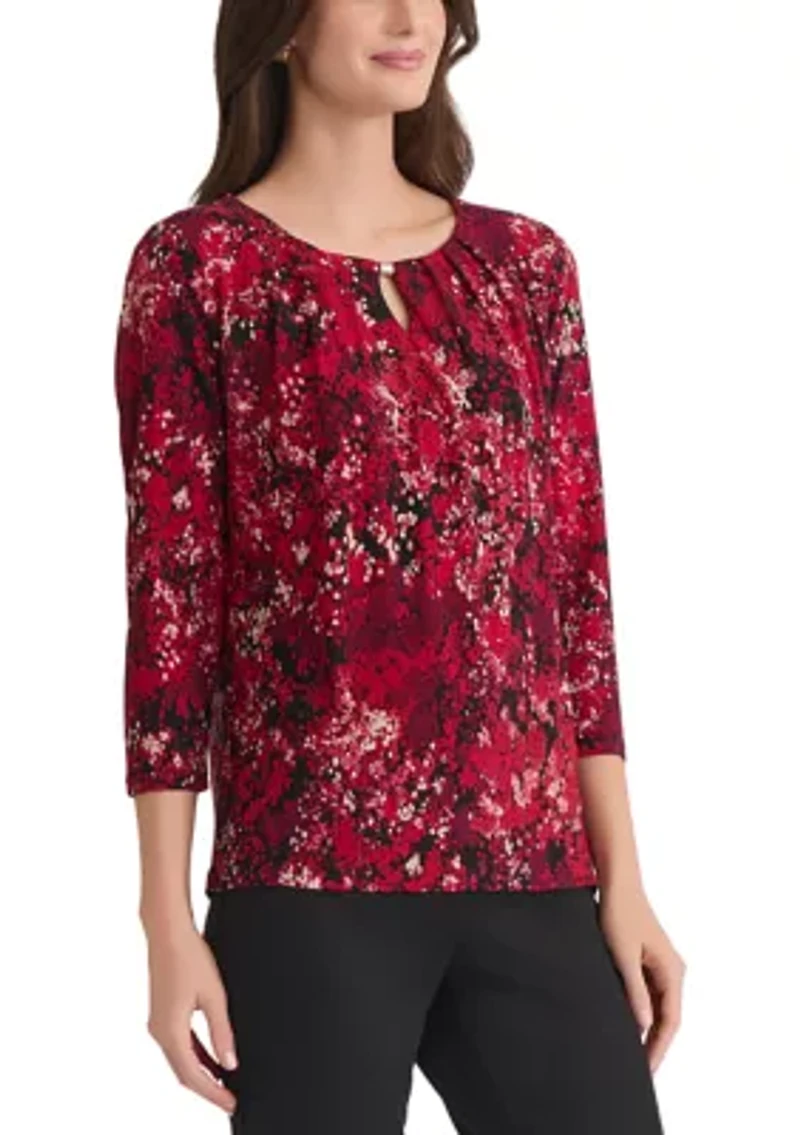 Women's Multi Print 3/4 Sleeve Pleat Neck Knit Top