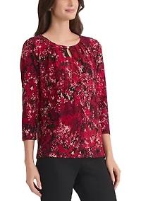 Women's Multi Print 3/4 Sleeve Pleat Neck Knit Top