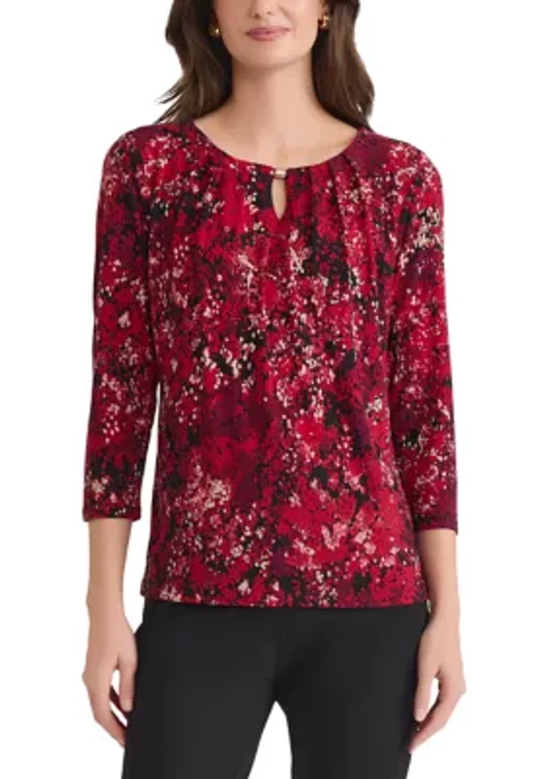 Petite Multi Print 3/4 Sleeve Pleat Neck Knit Top
