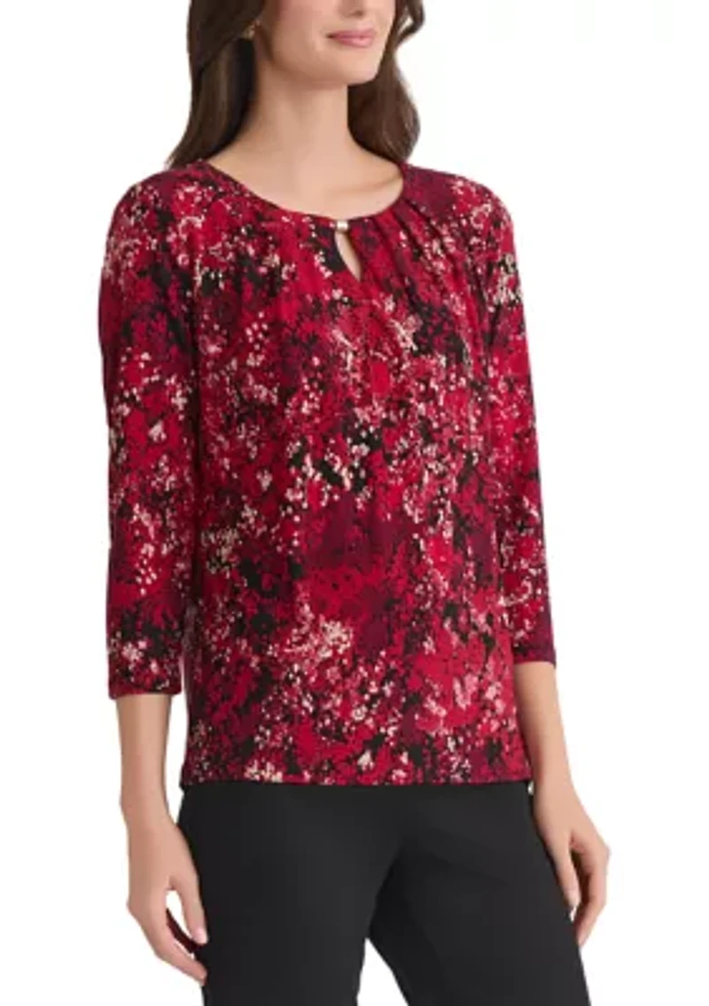 Petite Multi Print 3/4 Sleeve Pleat Neck Knit Top