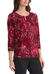 Petite Multi Print 3/4 Sleeve Pleat Neck Knit Top