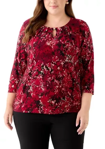 Plus 3/4 Sleeve Pleated Top with Trim