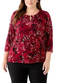 Plus 3/4 Sleeve Pleated Top with Trim