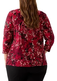 Plus 3/4 Sleeve Pleated Top with Trim