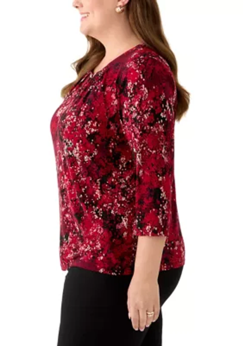 Plus 3/4 Sleeve Pleated Top with Trim