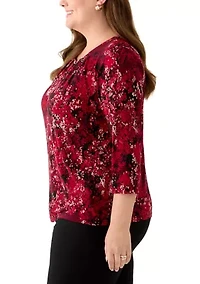 Plus 3/4 Sleeve Pleated Top with Trim