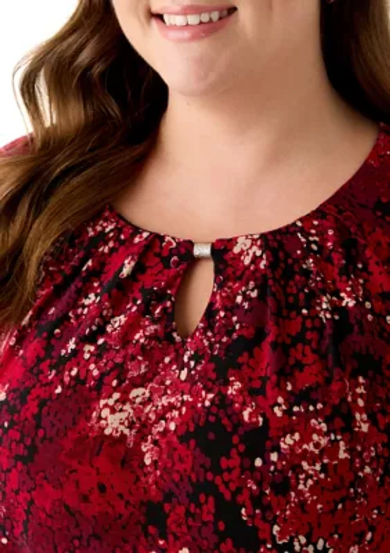 Plus 3/4 Sleeve Pleated Top with Trim